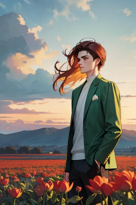 The image shows a young man with clear facial features., looks 27 years old, High, with long dark red hair, that flutter in the wind. He is dressed in green elegant clothes with long sleeves., stands with his head slightly tilted down, which gives him a th...