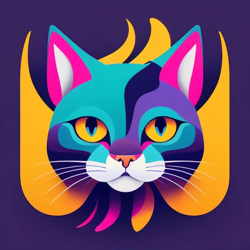 A stylized, abstract illustration of a cat with exaggerated features, including large blue eyes and a slender, elongated body. The background consists of flowing, vibrant colors in shades of white, orange, purple, and yellow, creating a dreamy, fluid effec...