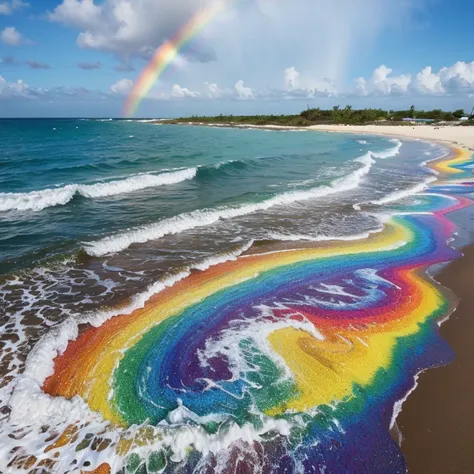 rainbow foam, multicolor, realistic, masterpiece, text written with foam "foam", on the bank of sea, island covered with foam,