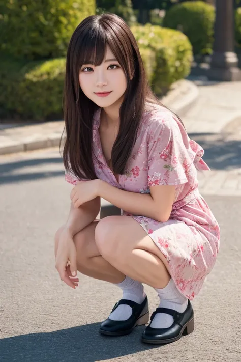 1japanese girl, wearing floral print pink pink a-line maxi shirt dress, white folded socks, black flats, long hair, bangs, smile, squatting, in park, BREAK, full body shot, focusing face, BREAK, (masterpiece, best quality:1.4), (8k, raw photo, photorealist...