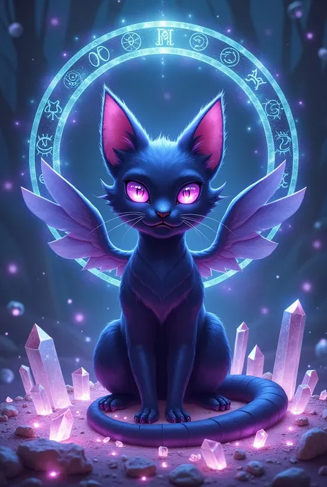 POKEMON PSICQUICO, LET IT BE A CAT WITH 3 EYES, WITH WINGS AND SNAKE TONGUE, PURPLE BLACK AND BLUE COLOR, WITH QUARTZ AROUND IT AND A WHEEL OF THE ZODIAC