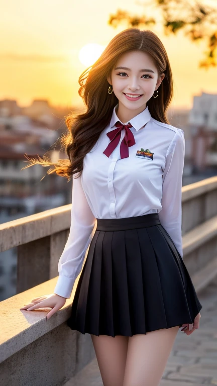 ((Best Quality, masterpiece, Super A high resolution、The most complex and detailed depiction))、1. Female student、18 years old、high school uniform,White shirt,Chest ribbon,Navy Skirt、Cowboy Shots、Hair swaying in the wind、Perfect detail、Romantic Madrid sunse...