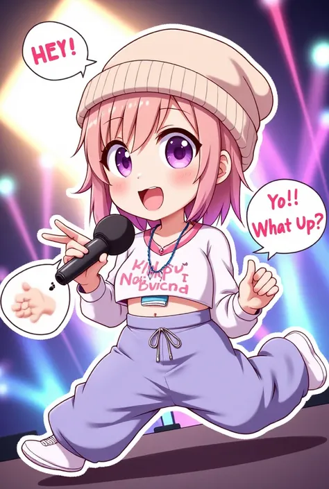 speech bubble saying "HEY! YO! Whats up?", cute chibi girl, dancing and rapping with microphone, wearing knit cap, loose jumper, loose T-shirt, baggy pants, Hip Hop fashion, colorful effects, kawaii, dynamic and delicate depiction