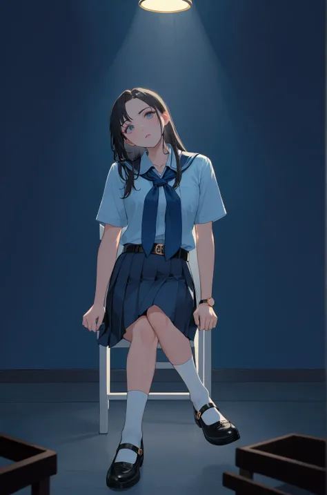 beauty teenage girl is in front of office s room, she is in black long hair (half up half down hair), wears pastel-blue short sleeves collared shirt, navy-blue neckerchief, navy-blue pleated pencil long skirt, black belt with gold circle buckle, white sock...