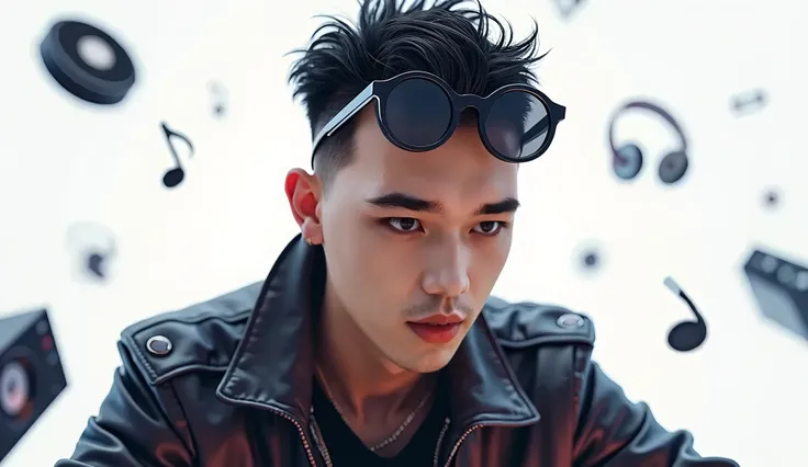 Photo realistic highly detailed close up on the eyes of handsome Asian male DJ, trendy crew hair cut high light, wearing black fashion glass in hair, wearing cool DJ metal mix colonel fashion costume, leather jacket, dynamic floating posing, floating in th...