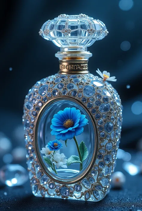 Nice sticker ,  a beautiful perfume bottle decorated with shiny stones on it a blue or white rose, and other flowers , that&#39;s it ,  Lots of shiny stones . There is an inscription on the bouquet "night flower" written in beautiful font shiny letters in ...