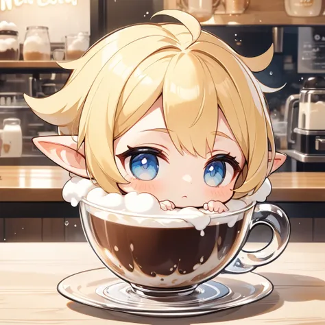 ultra-small deformation, Chibi Cute, 1 feminine skinny elven man, Feminine face, solo, full body covered in milk foam, Inside a big transparent coffee cup, Filled with milk foam, blonde pixie cut, blue eyes. drooping thin Pointed Ears, sleepy, half-closed ...