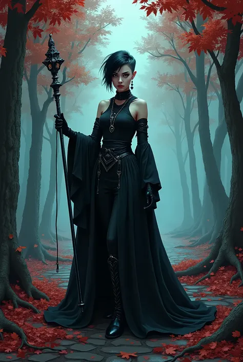 In RPG style, in style of Dungeons & Dragons, in style of fantasy painting. An illustrated movie poster, hand-drawn, full color. Full body view, looking at the viewer. image of a Gothic emo female dark wizard with dark metal staff. Short emo undercut hairs...