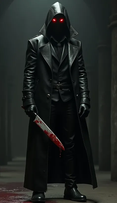 Guy with Red Eyes in Full Leather, Leather Coat, Leather Gloves, Leather Boots, bloody Knife 