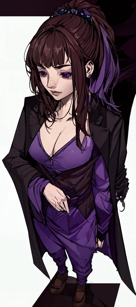   gothic with a haunting, purple clothes and hair, detailed brown eyes