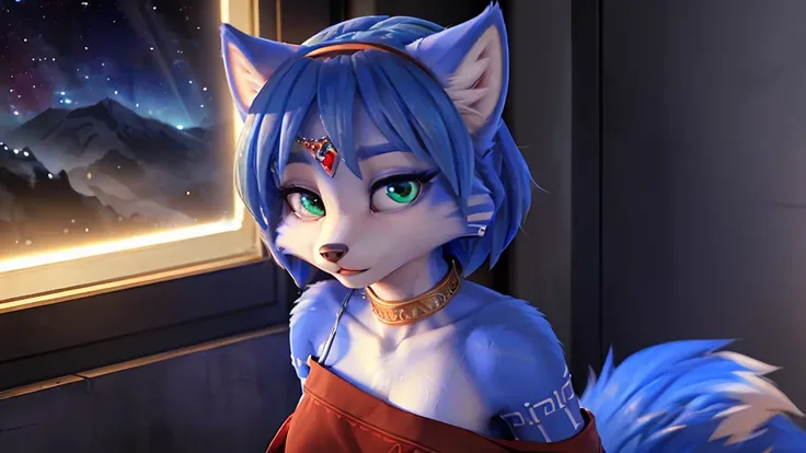 a picture of ((krystal)), Star Fox-Kristall, lovable, green eyes, medium breasts, (((Long blue hair 1.3))), Decollete, anthro, Fuzzy, Uploaded E621, detailed Fluffys fell, (von Fluff-Kevlar, Bayard Wu, Pino Daeni), detailed face, (Fluffy), 1 girl, Alone, S...