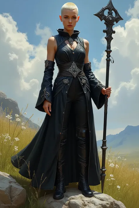 In RPG style, in style of Dungeons & Dragons, in style of fantasy painting. Full body view,  looking at the viewer. image of a female dark wizard with dark metal staff, short Buzz Cut hairstyle. Black robe without sleeves, silver inserts. high boots. Stand...