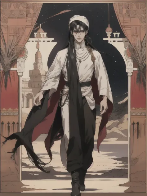 1 成人male, Alone, Jet Black Hair, Straight hair, flowing Straight hair, Red eyes, shirt, High Boots, Dark clothing, Desert Theme, Bedouin national costume, Desert People, Keffiyeh, Turban, Watching the audience, Fantasy art, Beautiful paintings, Art Nouveau...