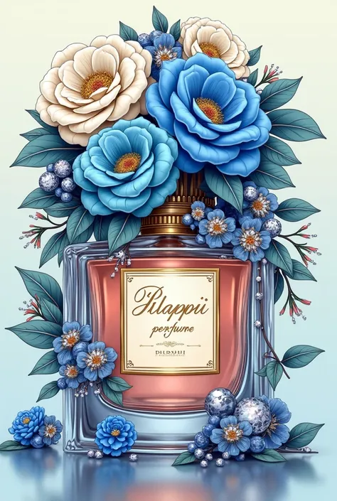 Nice sticker ,  in the style of illustration a beautiful perfume bottle decorated with shiny stones on it a rose blue or white, and other flowers , that&#39;s it ,  Lots of shiny stones . There is an inscription on the bouquet "night flower" written in bea...