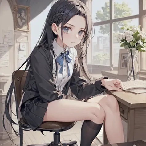 Beautiful girl in anime style。Born in St. Petersburg。Full body images。Third year of high school。I like Gothic novels。The speech and behavior are unique。Well built、A fleshy body。Her hairstyle is long and braided on the side.、There is a blue rose hair orname...