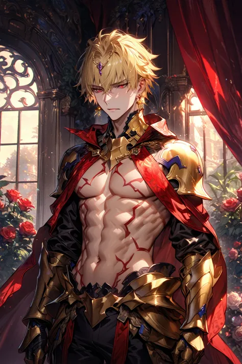 absurdres, highres, ultra detailed, hdr, master piece, gilgamesh, blonde hair, expressive red eyes, toned chest, sexy man, best ...