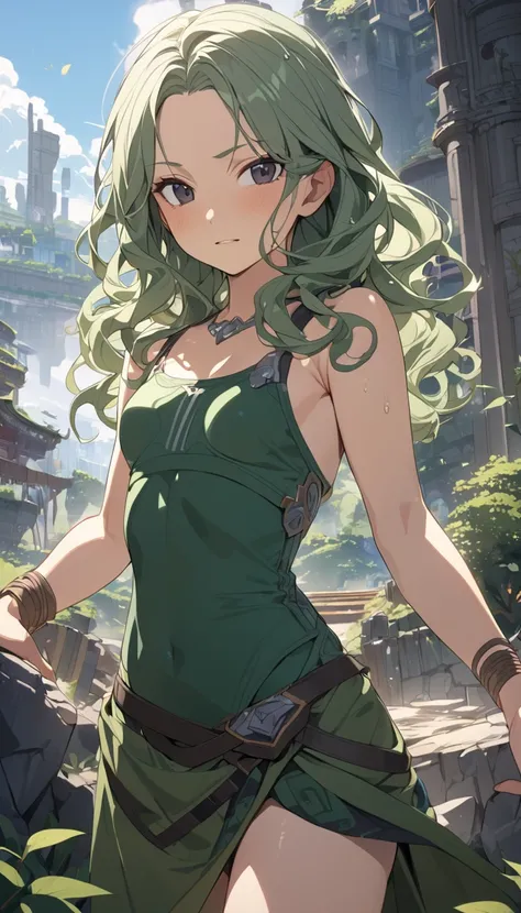 masterpiece, Best Quality, High resolution, Super detailed, Anime Style,  Fantasy, Shangri-La, One Girl, solo, Cowboy Shot,  Cute face, Small breasts, Green medium wavy hair, break, Dark Eyes, break, Outdoor, 