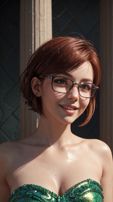 portrait, close-up, upper body. Short, red hair, green eyes, glasses with metal frames, green strapless dress, joyful smile, cheerful girl . (masterpiece, top quality, best quality, official art, beautiful and aesthetically pleasing:1.2), extremely detaile...