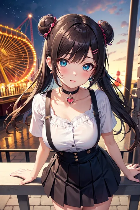 A beautiful girl in a short skirt with suspenders and a low-cut T-shirt standing on a balcony, cute hairstyles, lots of lace and ribbons, Cute Checkered Pleated Mini Skirt, White stockings, (amusement park in the background:1.3), Looking up, Shot from abov...