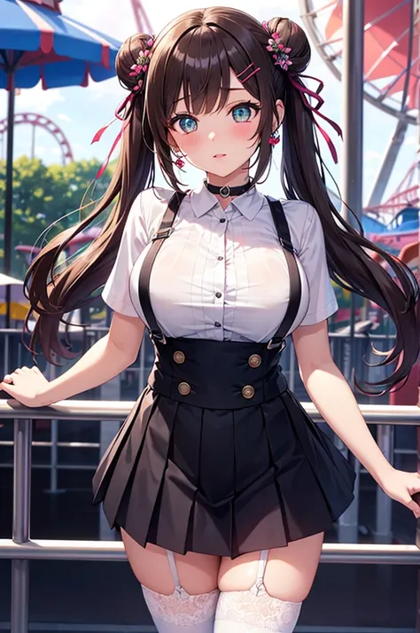 A beautiful girl in a short skirt with suspenders and a low-cut T-shirt standing on a balcony, cute hairstyles, lots of lace and ribbons, Cute Checkered Pleated Mini Skirt, White stockings, (amusement park in the background:1.3), Looking up, Shot from abov...