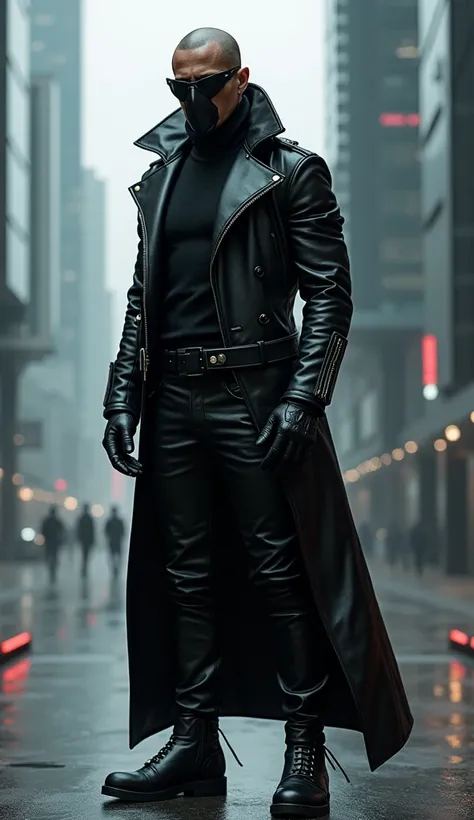 Guy in black Leather, Leather Gloves, Leather Boots, Sunglasses in Future 