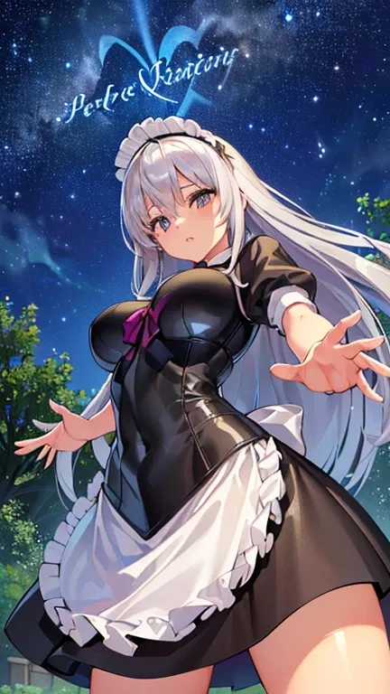 ((1girl),(petite), (from below:1.3), ( masterpiece,best quality,high-resolution), ((Anatomically correct number of limbs),(Anatomically correct number of fingers),(Beautiful five fingers)), (silver hair,long hair,shiny hair:1.3), (maid),((huge breasts),bea...