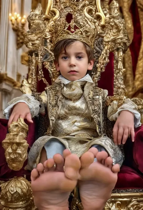 a child prince on a throne, beautiful detailed feet soles, highly intricate ornate throne, elaborate golden decorations, regal e...