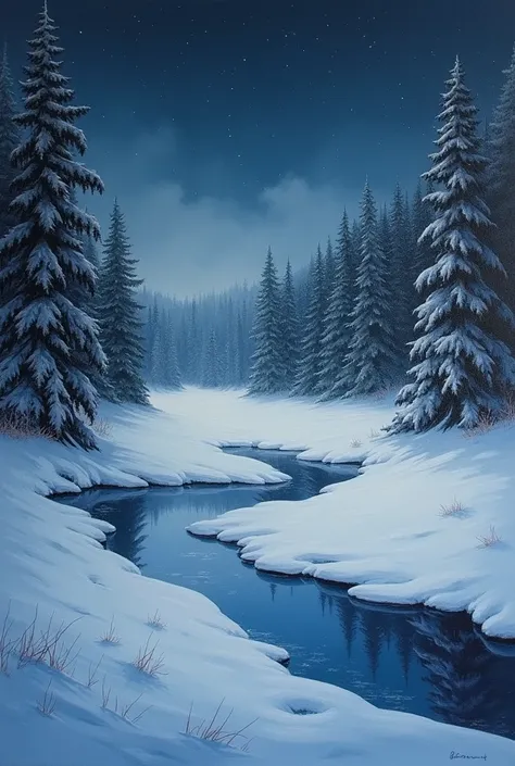 snowの反射、Landscape painting、Background only、Northern Europe、snow、night、pine tree、