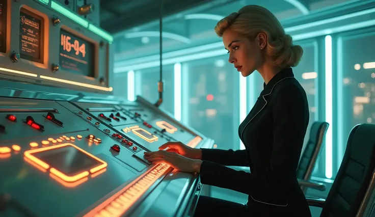 
A stylish woman in a tailored 1950s dress working at a glowing, retro-futuristic control panel in a futuristic office. The chrome desk is filled with glowing buttons and atomic designs, with large neon-lit windows in the background."