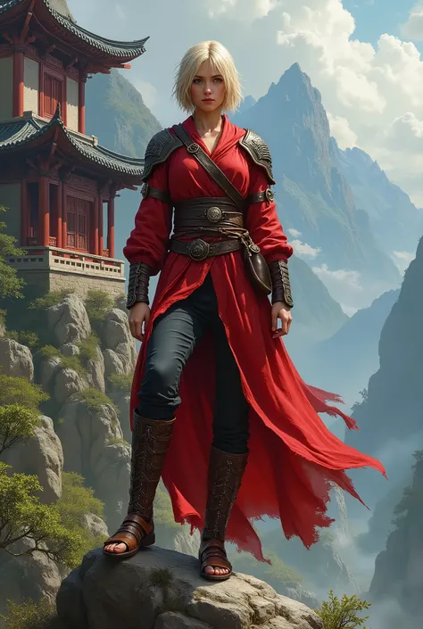 In RPG style, in style of Dungeons & Dragons, in style of fantasy painting. Full body view, looking at the viewer. image of a female monk, short blonde  hairstyle.   red robe armor with leather elements. leather bracers, leather shoulder pads. dark pants. ...