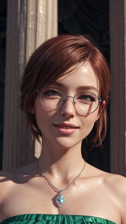 portrait, close-up, upper body. Short, red hair, green eyes, glasses with metal frames, green strapless dress, joyful smile, cheerful girl . (masterpiece, top quality, best quality, official art, beautiful and aesthetically pleasing:1.2), extremely detaile...