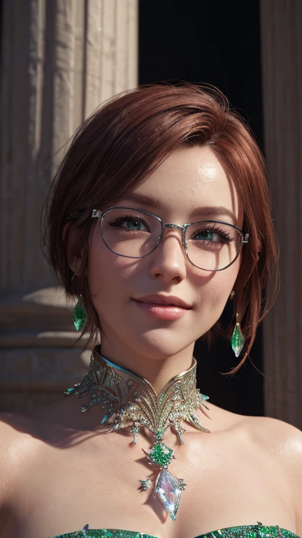 portrait, close-up, upper body. Short, red hair, green eyes, glasses with metal frames, green strapless dress with crystal, joyful smile, cheerful girl . (masterpiece, top quality, best quality, official art, beautiful and aesthetically pleasing:1.2), extr...