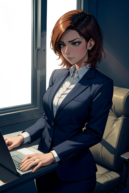 a woman in a business suit caught by her boss looking at inappropriate videos on a laptop, embarrassed expression on her face, cinematic dramatic lighting, photorealistic, ultra-detailed, 8k, high quality