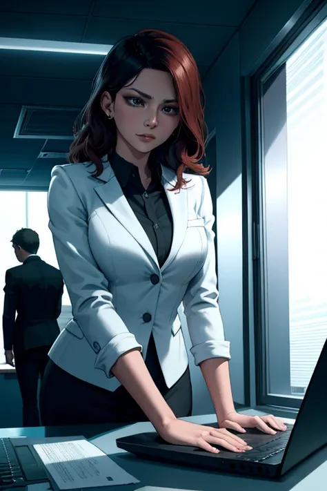 a woman in a business suit caught by her boss looking at inappropriate videos on a laptop, embarrassed expression on her face, cinematic dramatic lighting, photorealistic, ultra-detailed, 8k, high quality