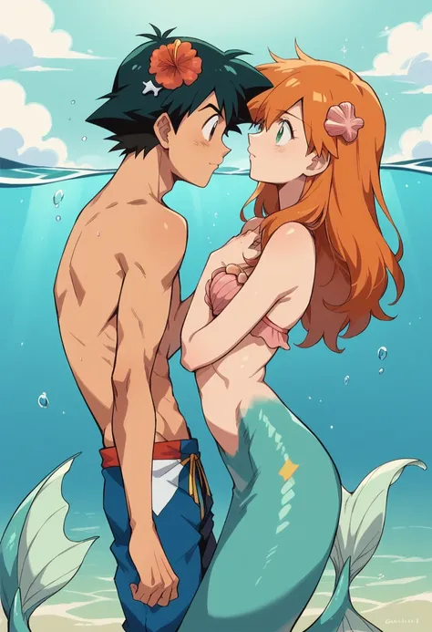 1boy, ash ketchum, black hair, brown eyes, hair between eyes, shirtless, male swimwear, handsome boy, macho, good looking boy 1girl, misty pokemon, orange hair, long hair, hair down, green eyes, mermaid costume, seashell bra, mermaid tail, putting her hand...