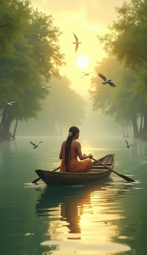 A ultra realistic image of a young woman, Satyavati, rows a small wooden boat on a serene river. She is dressed in simple, traditional clothing,  The river reflects the golden sunlight of early morning, surrounded by lush green trees. Birds are flying low ...