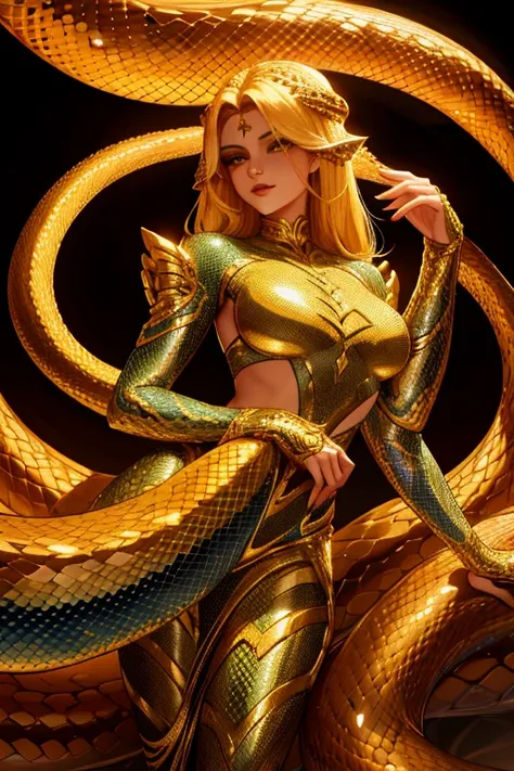 a beautiful snake woman, intricate snake scales, long sinuous snake-like body, golden scales, piercing serpentine eyes, elegant ...