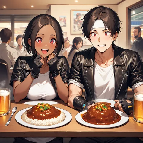 2 people, couple, super high resolution, masterpiece, super detailed, award-winning, top quality, 16K, shot head-on, surprised and pleased Japanese man and woman, (smiling, eating with mouth wide open: 1. 2), ((black leather jacket with rolled-up sleeves))...