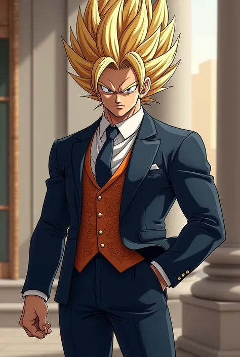 goku in formal dbs style suit long hair, masterpiece, Anatomically correct, 