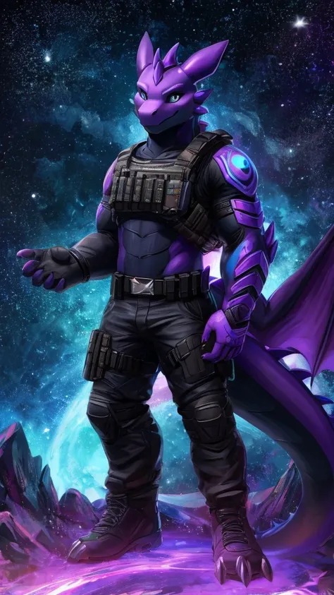 Anthropomorphic Dragon, night fury, looking at the camera, purple, black and electric blue, galaxy, full body, black tactical pants. 