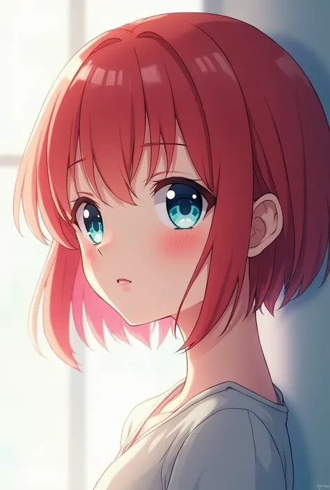 Anime girl profile with short red hair and light blue eyes 