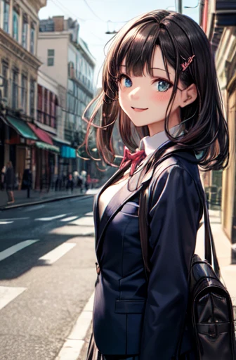 Very cute and beautiful girl,Teen,(Beautifully detailed face and eyes),
(Blue blazer , Pleated mini skirt),Standing in front of a cake shop,
(smile:1.2),Cowboy Shot,Have a school bag,hairpin,Black Hair,Downtown Street,
(Best Quality,masterpiece:1.0),Absurd...