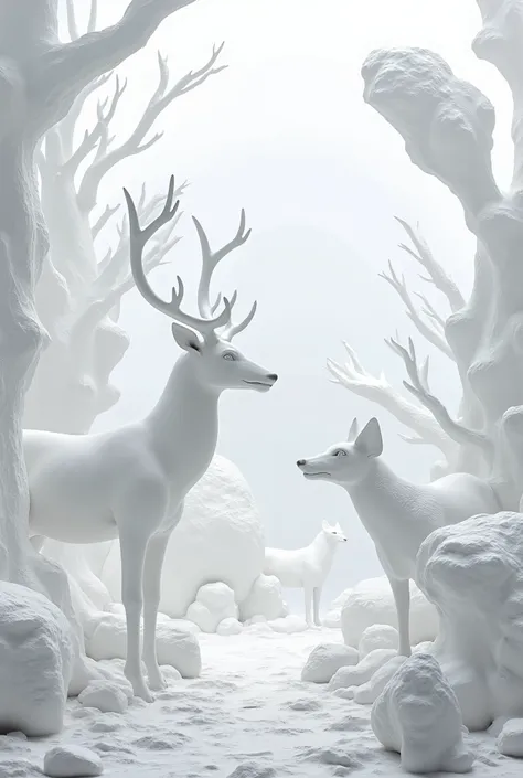 very realistic animals and nature made of beautiful white form, everything made of form, high contrast