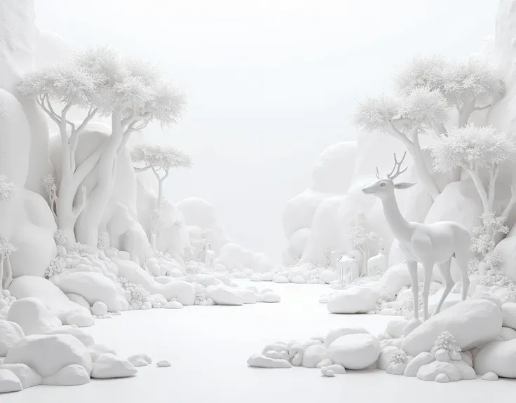 very realistic animals and nature made of beautiful white form, everything made of form