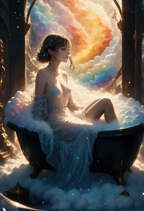 fantasy art, a woman sitting in a bubble bath the bubbles are rainbow colored, the foam's bubbles cover her entire body, only th...