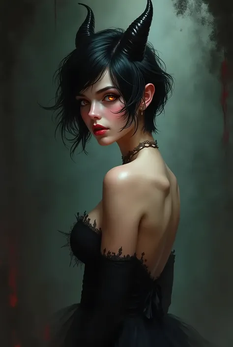 A beautiful, young-looking succubus,slim,with slightly wavy black pixie cut hair