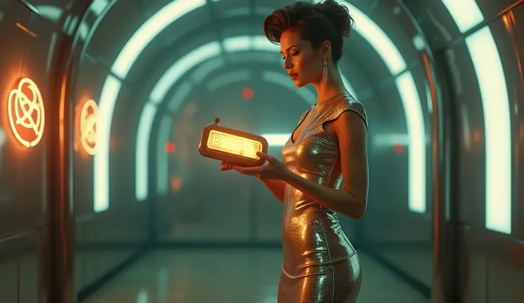 A fashionable woman in a 1950s-inspired metallic dress holding a glowing, retro-futuristic handheld device. She stands alone in a sleek, chrome-lined room with atomic symbols on the walls and glowing tubes overhead."