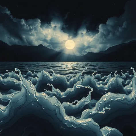 showcase foam, foam forming on surface on night lake, ominous, spooky, horrolm, cinematic, overwhelming, unknown, intense, foam seems almost sentient, dark presence foam, foam art, dim night, darkness, abyss, only light source creepy moonlight reflection s...