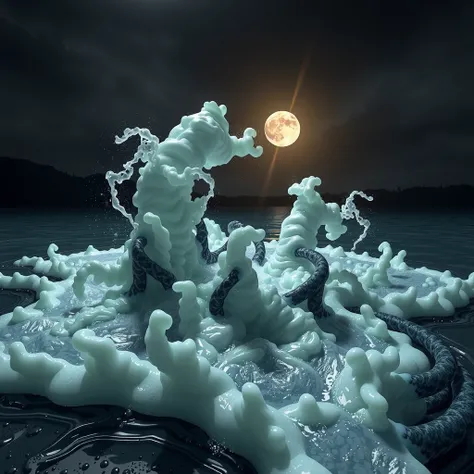 showcase foam, foam forming on surface on night lake, ominous, spooky, horrolm, cinematic, overwhelming, unknown, intense, foam seems almost sentient, dark presence foam, foam art, dim night, darkness, abyss, only light source creepy moonlight reflection s...