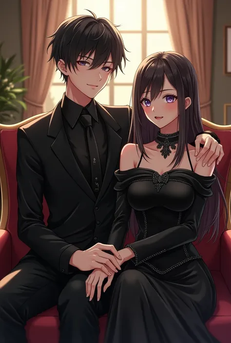 Boy and girl couples anime black suit sitting like alpha king